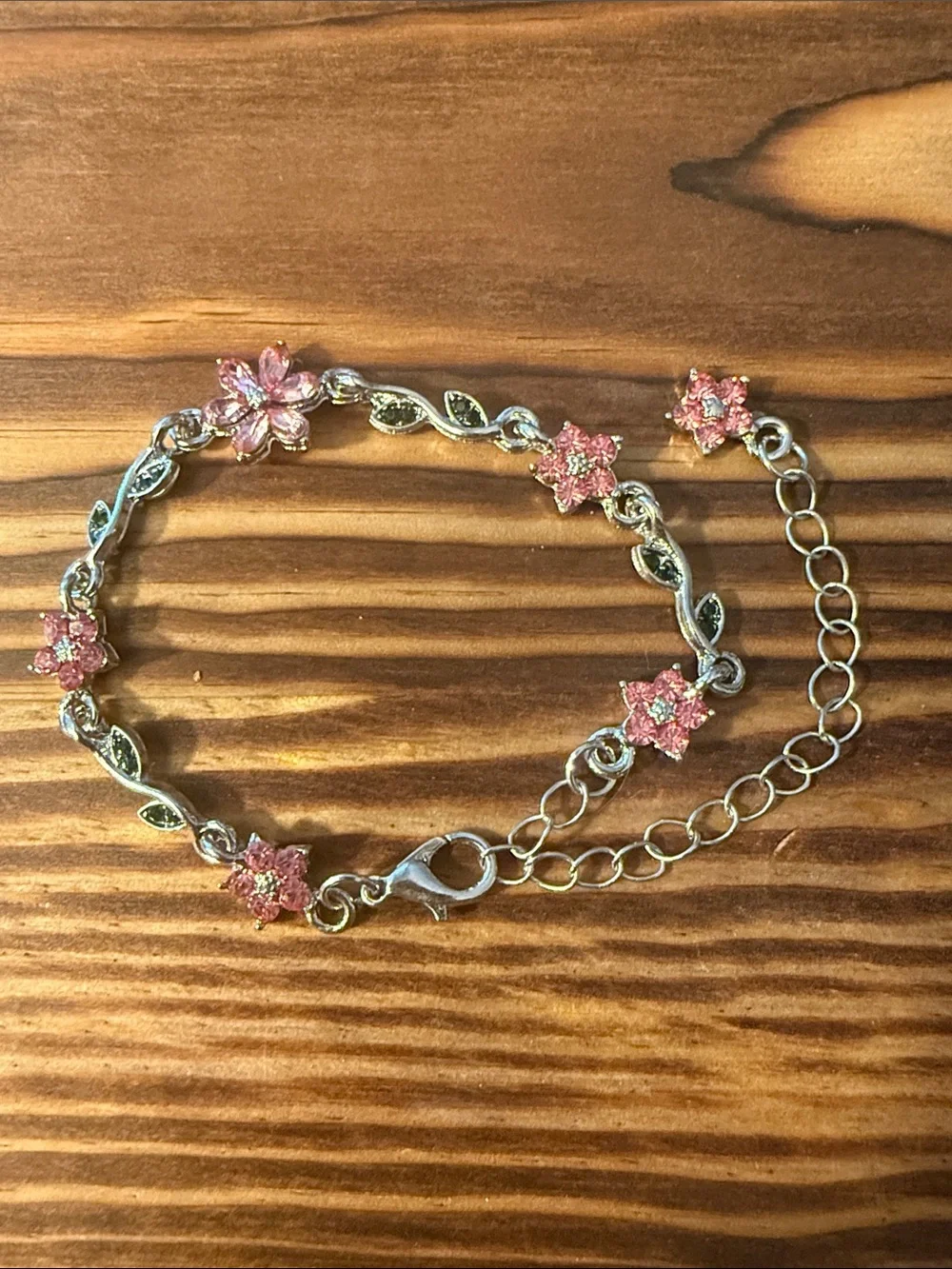 Silver Pink Crystal Flower Chain Bracelet for Women Stainless Steel